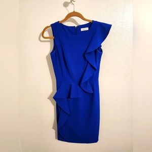 Calvin Klein Blue Dress Asymmetrical Ruffle Size 2